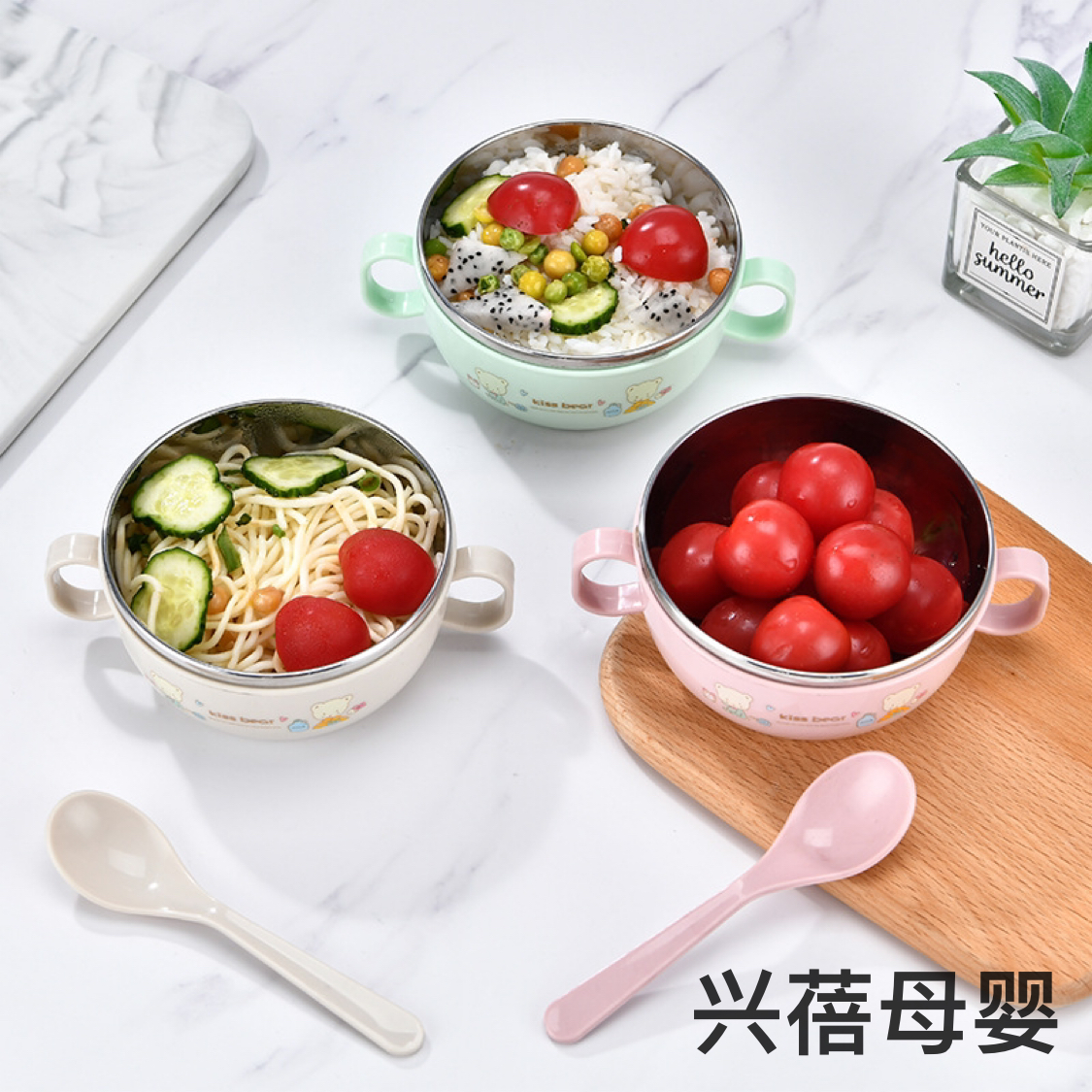 Stainless steel children's cartoon rice bowl, double-layer heat-insulating double-ear bowl, baby handle complementary food bowl, anti-drop bowl, covered spoon details Picture
