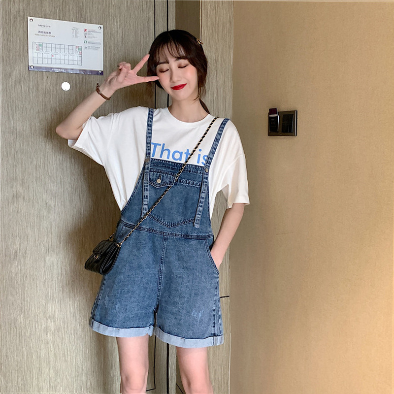 Hong Kong-style autumn new collection of Korean Harajuku style denim overalls and high-waisted wide-leg jumpsuits for chubby girls to look younger details Picture