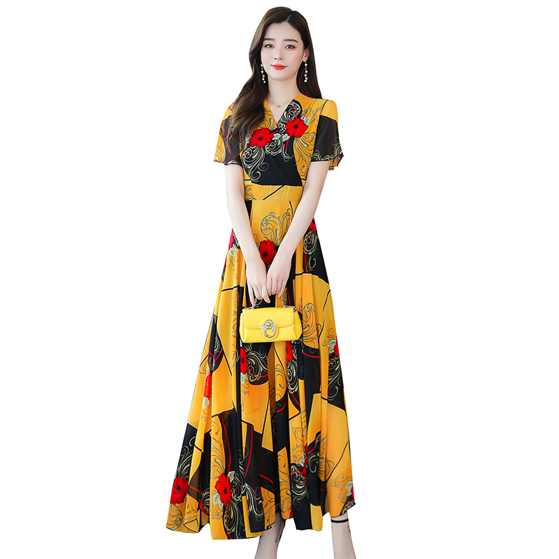 French V-neck ice silk print dress for women, 2021 summer new style, waist-cinching, slimming, elegant, long swing dress Item Picture