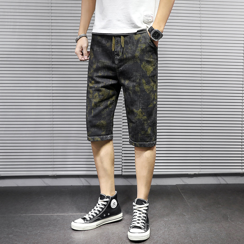 Summer fashion printed denim shorts, men's straight-leg loose stretch mid-length pants, men's breeches, thin seven-inch pants for men details Picture