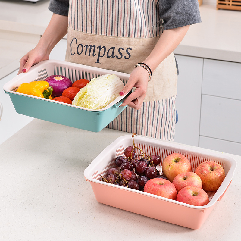 Practical Double-Layer Fruit And Vegetable Draining Basket, Kitchen Vegetable Washing Multi-Functional Draining Basket, Square Home Vegetable And Fruit Basket Application Scenario