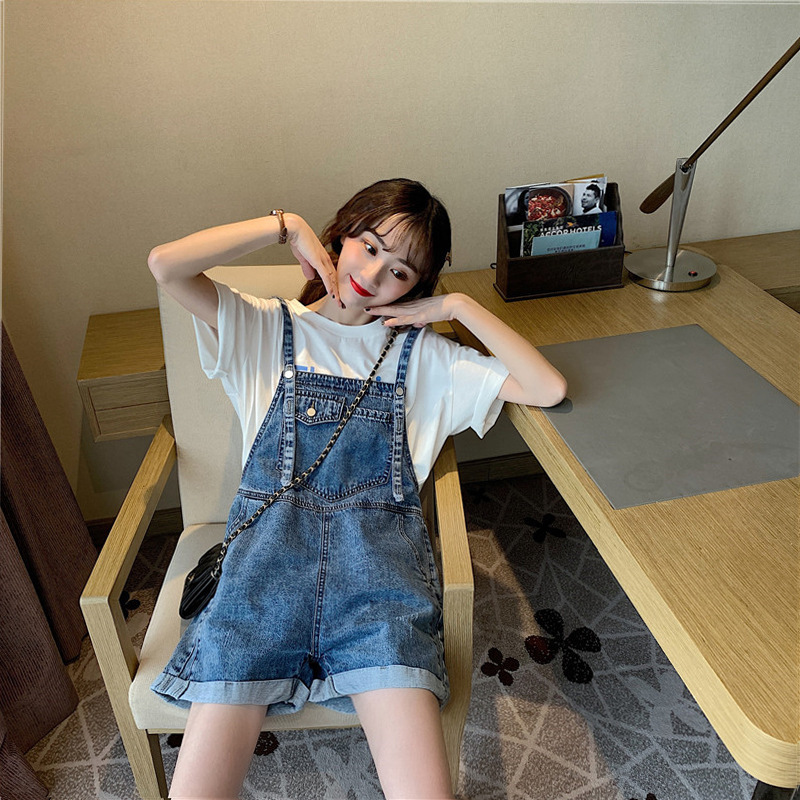 Hong Kong-style autumn new collection of Korean Harajuku style denim overalls and high-waisted wide-leg jumpsuits for chubby girls to look younger Application Scenario