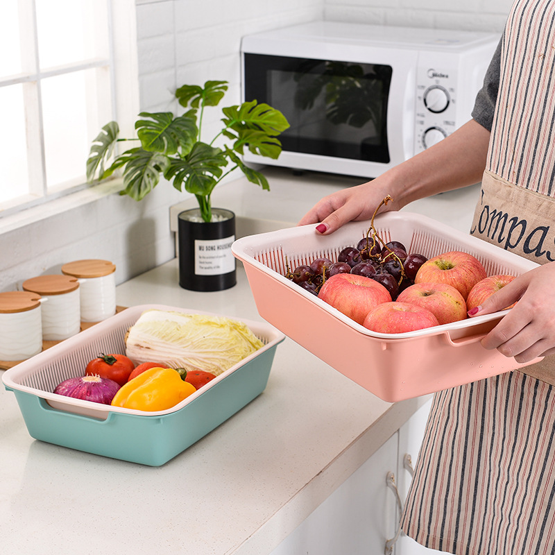 Practical Double-Layer Fruit And Vegetable Draining Basket, Kitchen Vegetable Washing Multi-Functional Draining Basket, Square Home Vegetable And Fruit Basket Specification drawing