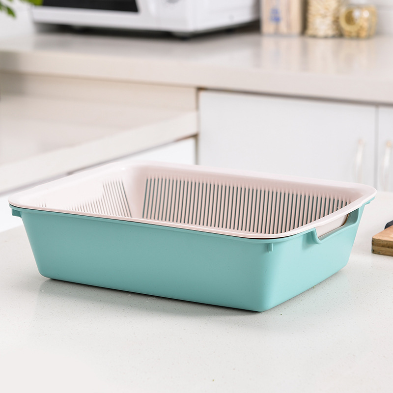Practical Double-Layer Fruit And Vegetable Draining Basket, Kitchen Vegetable Washing Multi-Functional Draining Basket, Square Home Vegetable And Fruit Basket details Picture