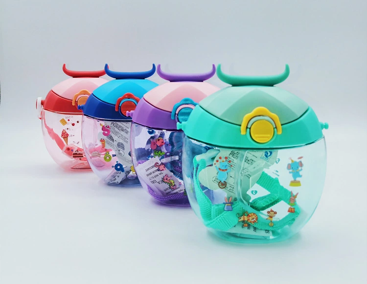 2022 Children's plastic water bottle, doughnut, cute horn straw Cup, creative round shoulder strap water bottle, in stock and hot sale details Picture