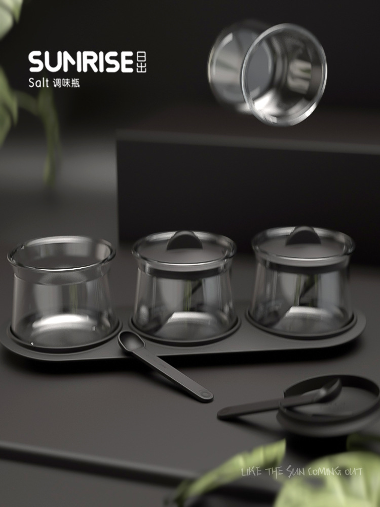 Glass Seasoning Bottle Seasoning Jar Set Salt Shaker With Tray Seasoning Jar Set Sealed Moisture-Proof Seasoning Box With Spoon details Picture