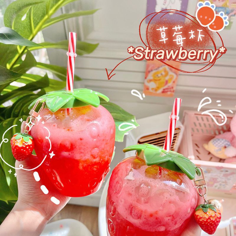 New InS-style strawberry straw cup, plastic cup, cute girl's casual milk tea cup, student portable water cup, water bottle full figure