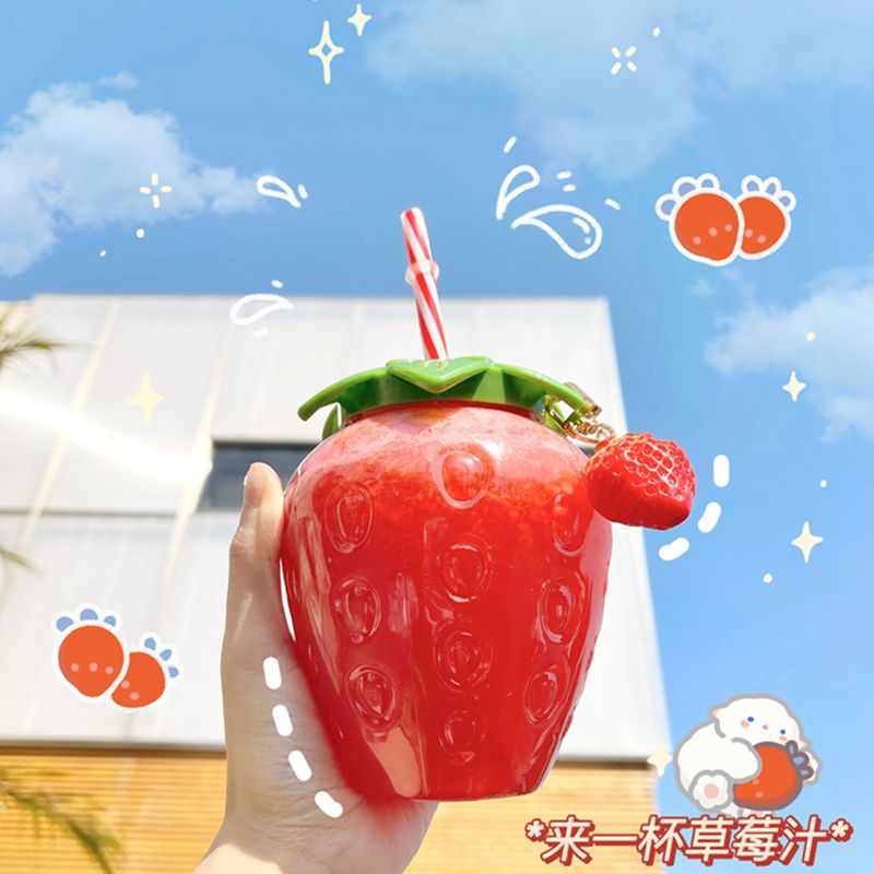 New InS-style strawberry straw cup, plastic cup, cute girl's casual milk tea cup, student portable water cup, water bottle details Picture