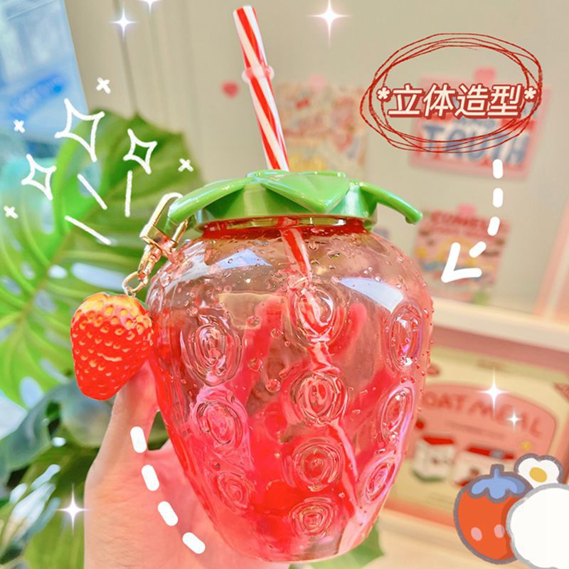 New InS-style strawberry straw cup, plastic cup, cute girl's casual milk tea cup, student portable water cup, water bottle Item Picture