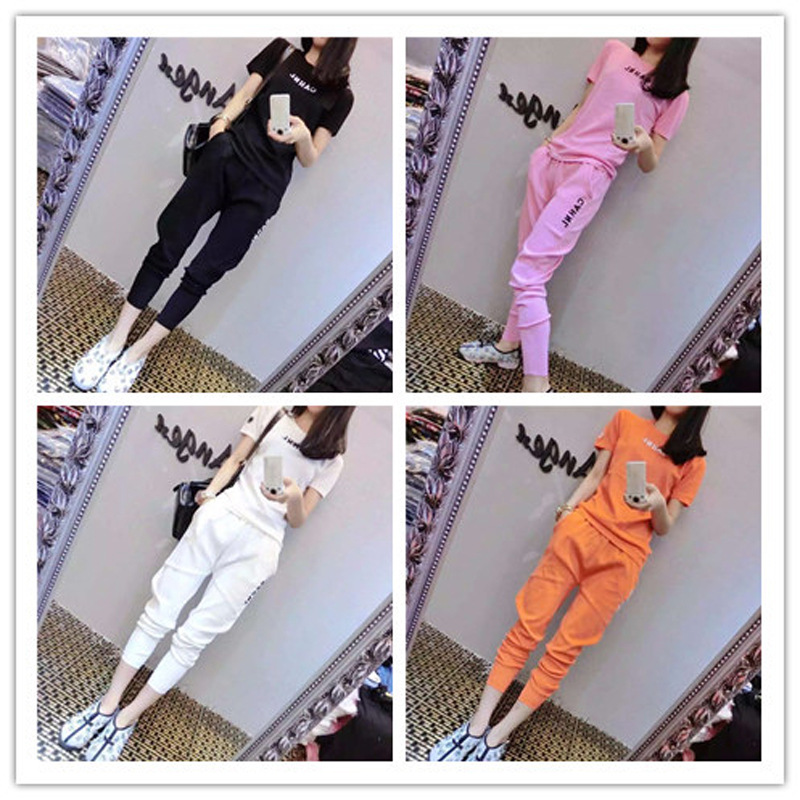 Spring/Summer new two-piece women's Korean-style large-sized fashionable letter short-sleeved nine-inch pants 2021 casual sportswear set