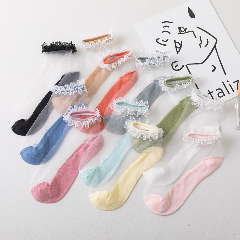Summer women's socks: Korean fashionable silk women's short socks, glass fiber short tube breathable women's socks, flower-trimmed silk socks