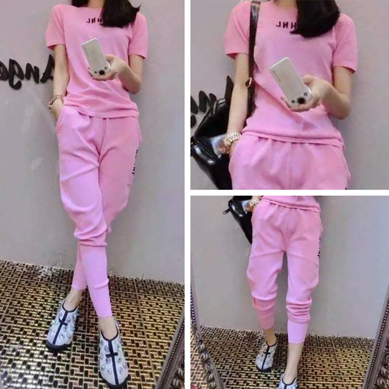 Spring/Summer new two-piece women's Korean-style large-sized fashionable letter short-sleeved nine-inch pants 2021 casual sportswear set Application Scenario