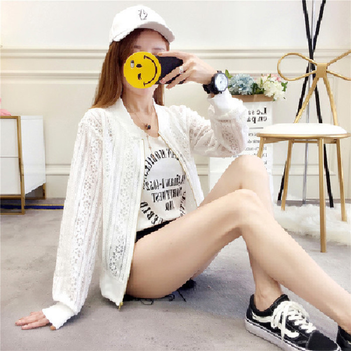 New 2021 summer long-sleeved lace shirt, beach sun-protective clothing, women's solid color cut-out short fitted baseball jacket