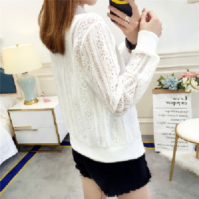 New 2021 summer long-sleeved lace shirt, beach sun-protective clothing, women's solid color cut-out short fitted baseball jacket Specification image