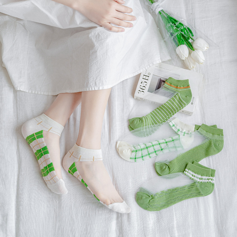 袜子女夏季新时尚玻璃丝格子条纹透气防脱丝隐形袜浅口水晶丝船袜