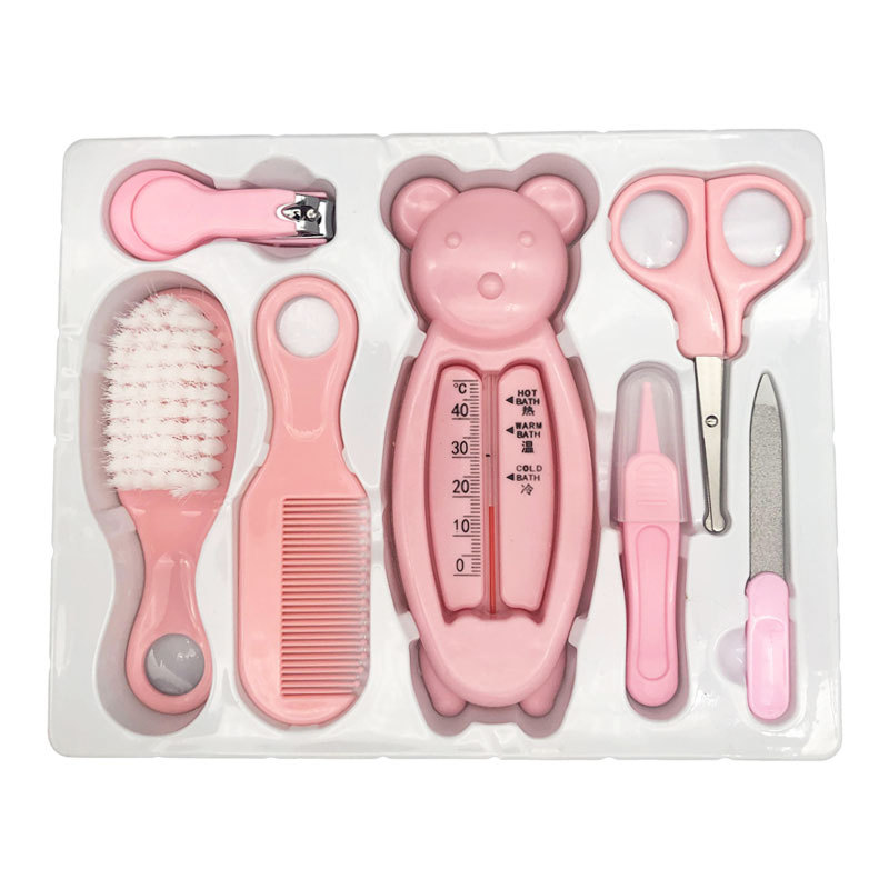 English packaging baby care 7-piece set, infant water temperature meter combination set, baby safety nail clippers comb brush Item Picture