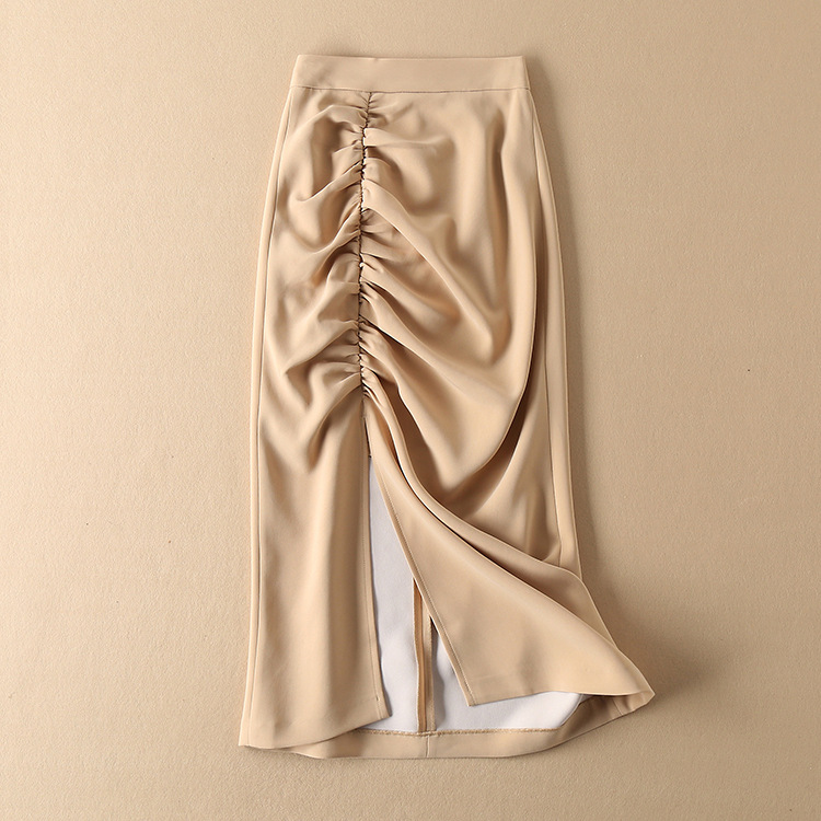 202 Spring and summer temperament elegant slit one step skirt hip wrap crease acetic acid high waist slim skirt in the long section