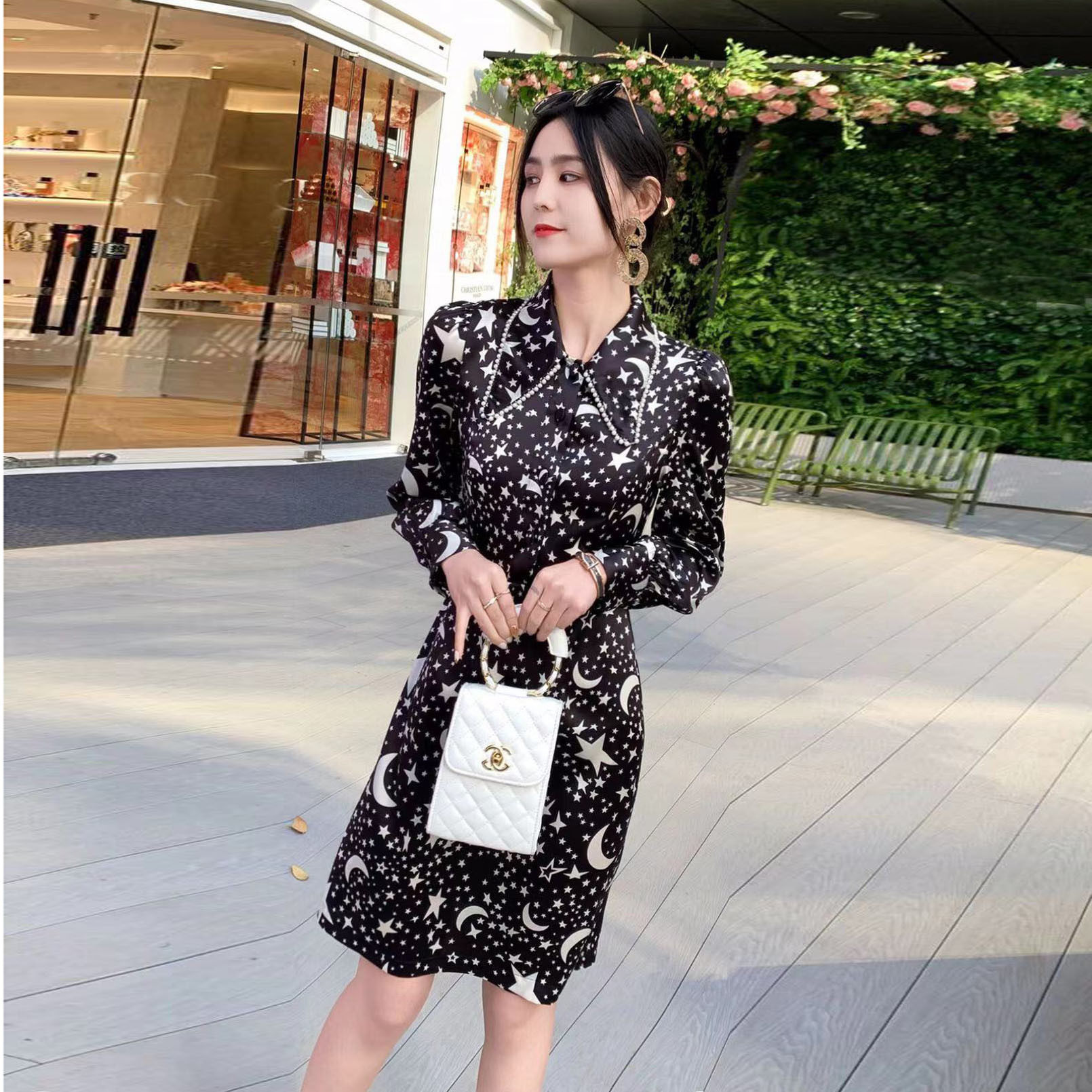 Spring new fashion printed lapel Silk silk a-line long sleeve dress
