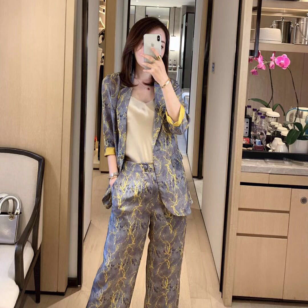 A generation of silk suit women 202 summer new women's fashion silk coat straight trousers two sets