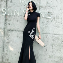 Runway cheongsam black summer long fish tail Cheongsam young girl modified version of the dress Chinese style Cheongsam