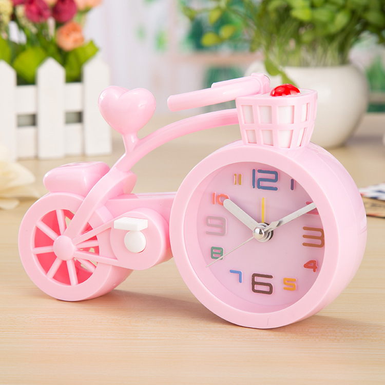 Korean candy-colored bicycle alarm clock, creative student gifts, handicrafts, ornaments, digital alarm clock for study and bedroom Specification drawing