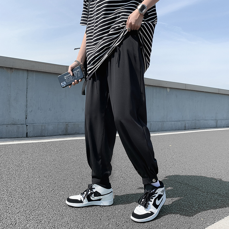 Ice silk trousers for men summer Japanese Harajuku style trend loose teenagers solid color down feeling Harun casual small trousers
