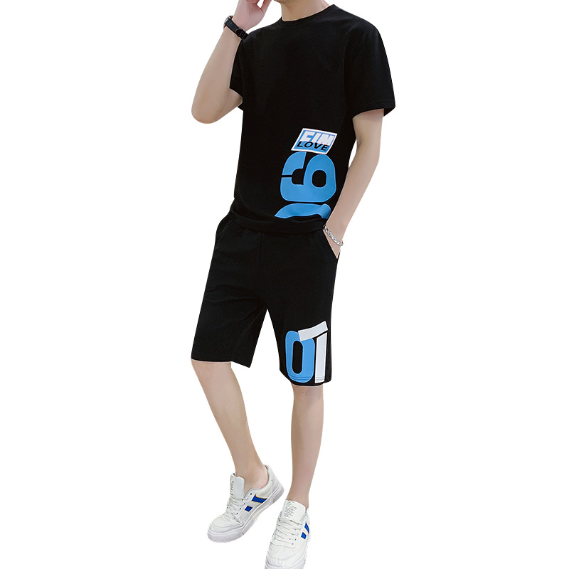 Wholesale of a set of sportswear, shorts, men's summer loose two-piece, fashionable and casual student men's T-shirts Item Picture