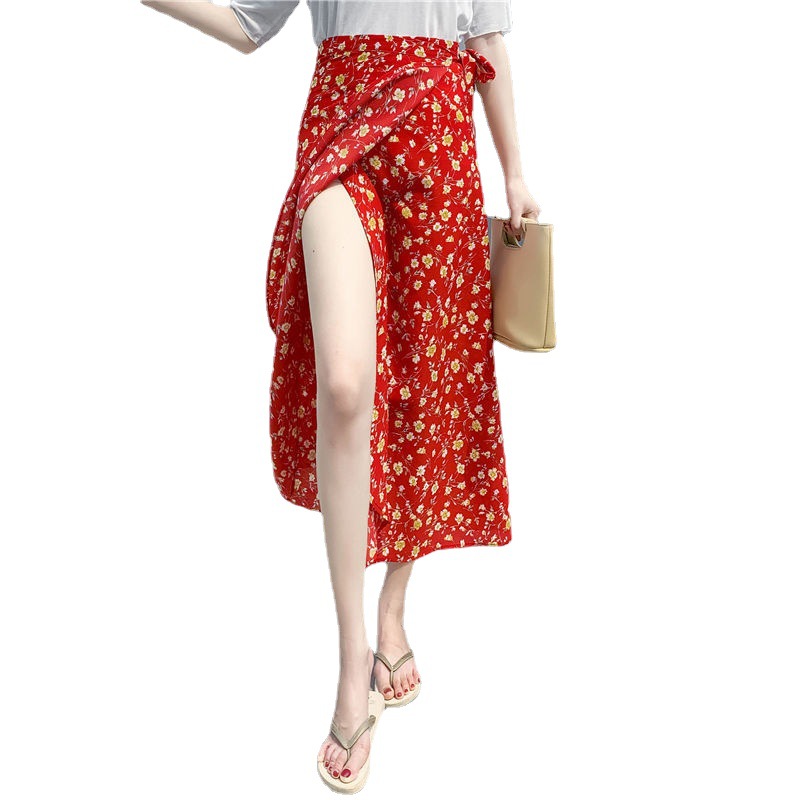Summer breathable floral one-piece lace-up skirt, wrap skirt, mid-length loose beach vacation skirt trend Item Picture