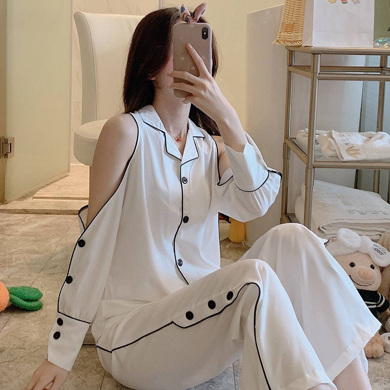 冰丝睡衣女春夏季薄款仿真丝绸纯色开衫女士家居服性感露肩两件套