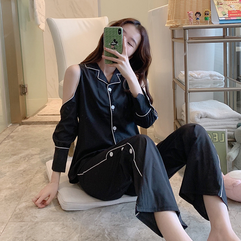 Ice Silk pajamas for women Spring and summer: Thin, realistic silk solid-color cardigan for women's home wear, sexy off-the-shoulder two-piece set details Picture