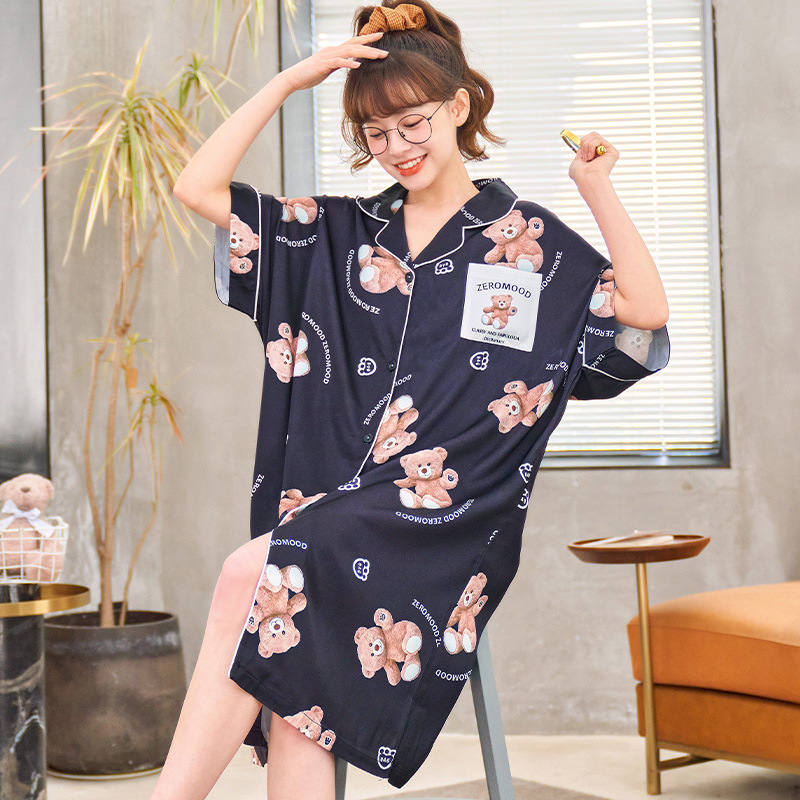 Summer ice silk short-sleeved, thin, large-sized women's pajamas, realistic silk princess style long home wear for summer Application Scenario