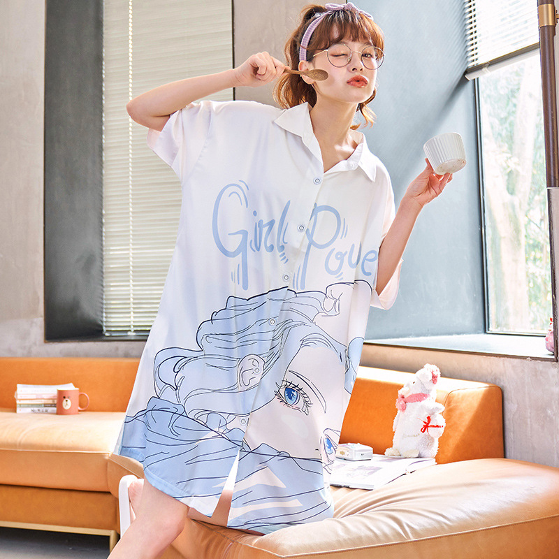 Summer ice silk short-sleeved, thin, large-sized women's pajamas, realistic silk princess style long home wear for summer details Picture