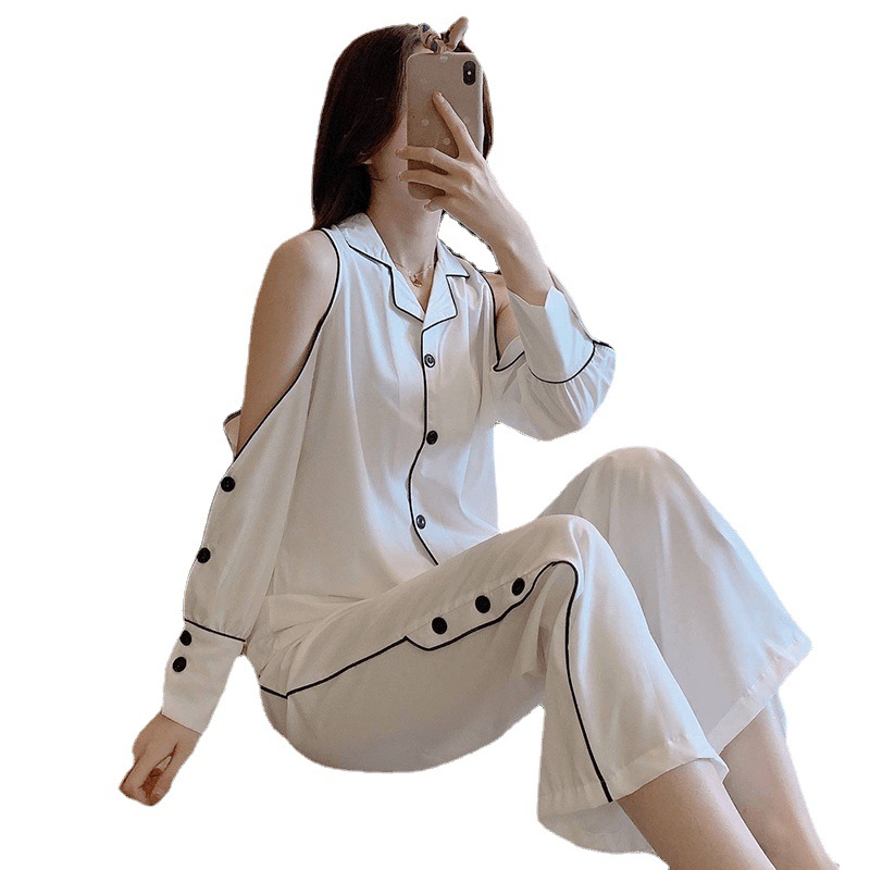 Ice Silk pajamas for women Spring and summer: Thin, realistic silk solid-color cardigan for women's home wear, sexy off-the-shoulder two-piece set Item Picture