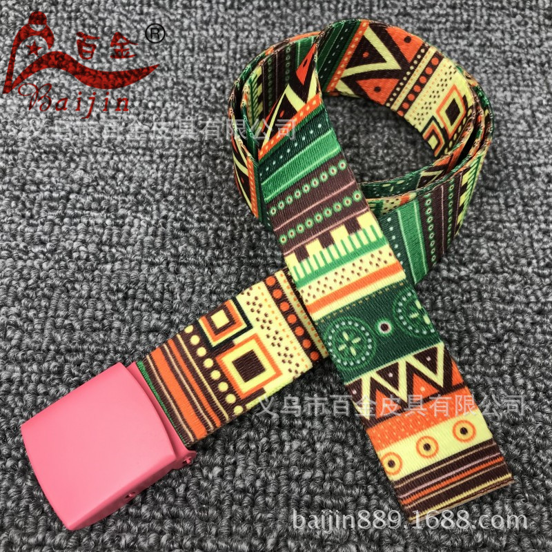 Nuevos niños estampado color caramelo cinturón estampado cuadrado aguja hebilla insertado cinturón moda casual cinturón de pantalón tejido details Picture