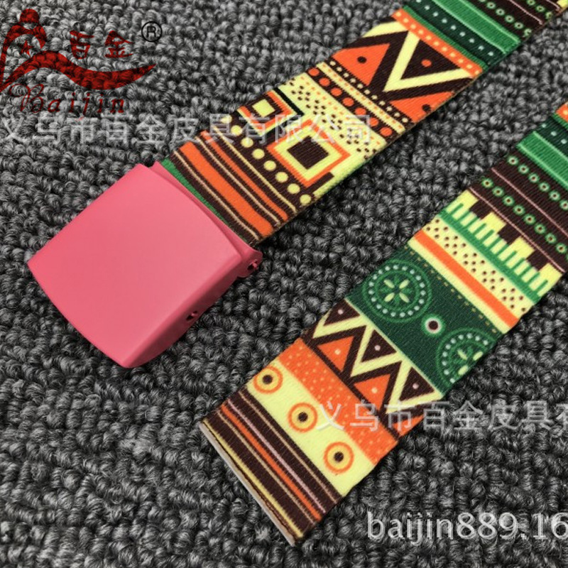 Nuevos niños estampado color caramelo cinturón estampado cuadrado aguja hebilla insertado cinturón moda casual cinturón de pantalón tejido Specification image