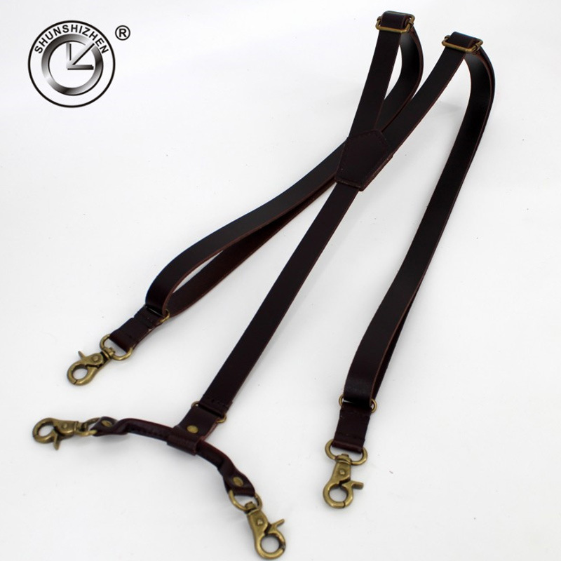 New clockwise leather four-hook combination buckle shoulder strap for both men and women, outdoor sturdy two-layer cowhide shoulder strap details Picture