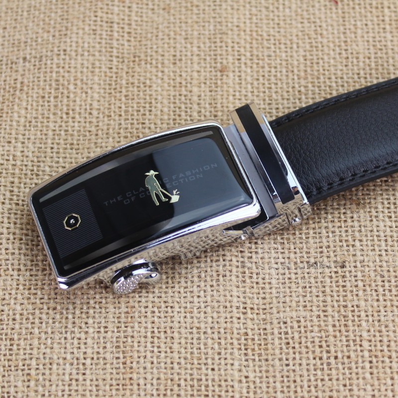 PLOWMAN brand new men's genuine leather belt with automatic buckle business belt, two-layer cowhide V-neck buckle belt