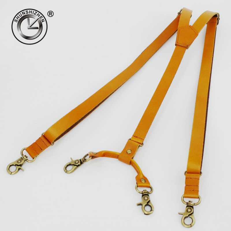 New clockwise leather four-hook combination buckle shoulder strap for both men and women, outdoor sturdy two-layer cowhide shoulder strap