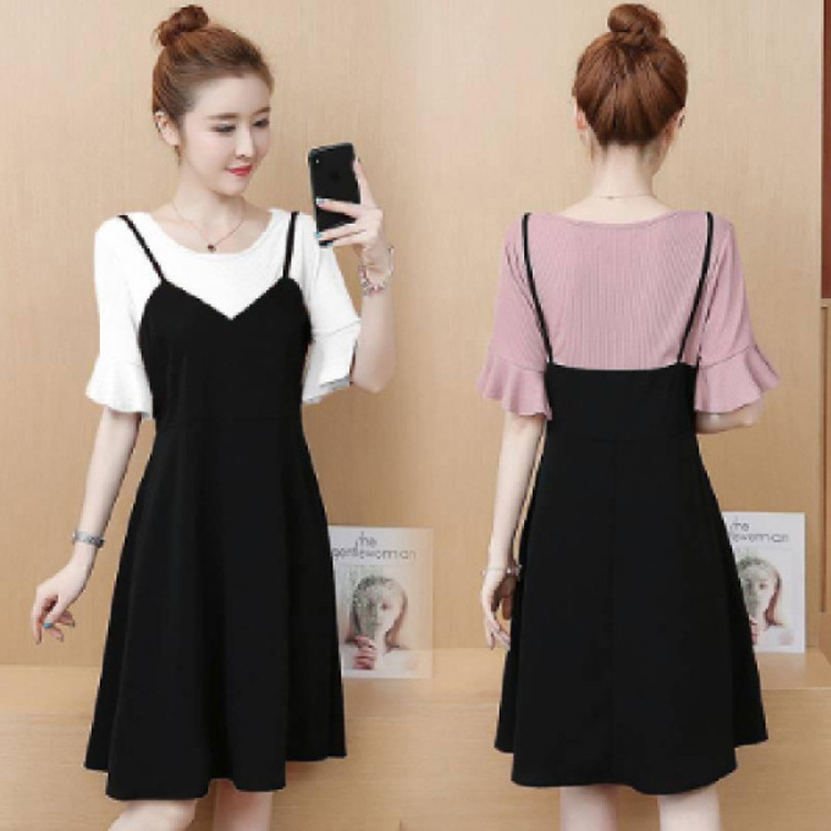 Fat mm2021 new fairy dress, two-piece fake dress, summer student Korean style short-sleeved loose dress