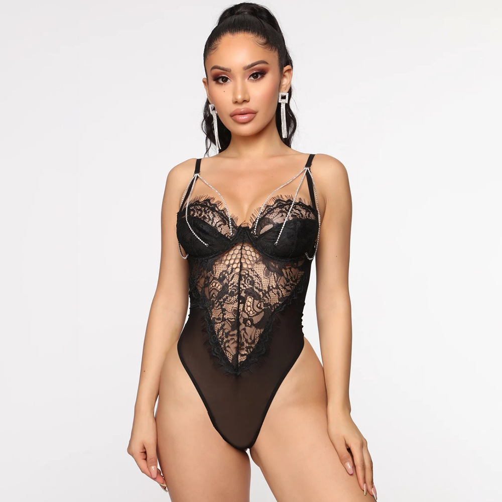 A sexy lace-trimmed diamond chain women's jumpsuit is selling well on AliExpress in Europe and America Item Picture