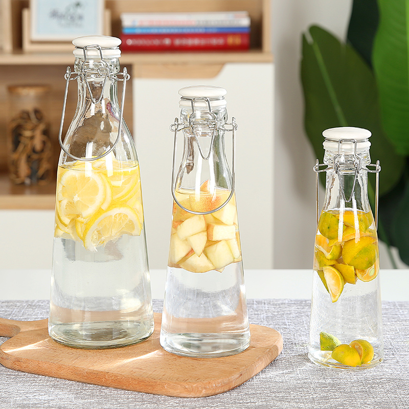 Glass sealed jar with lid Food grade creative transparent milk juice bottle Brewing wine fruit wine beverage bottle set
