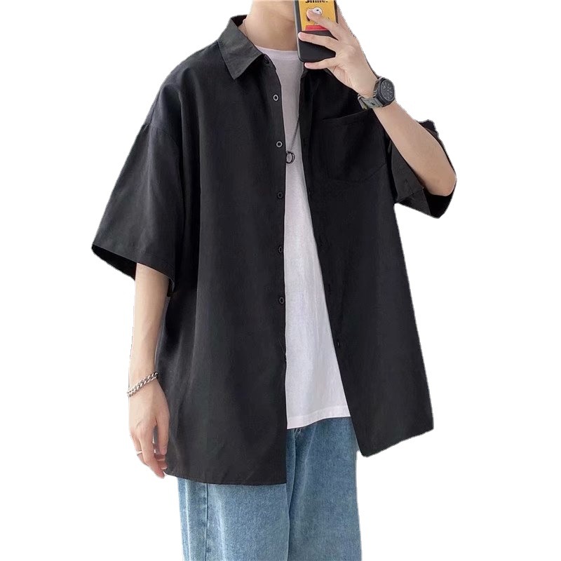 Short-sleeved shirt for men, summer Korean-style trendy shirt, Hong Kong-style Japanese laid-back style, simple and loose five-quarter sleeve shirt Item Picture
