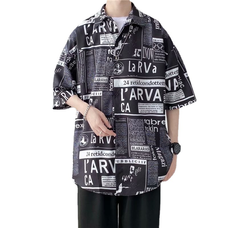 Hong Kong-style short-sleeved shirt for men on Instagram, a loose newspaper shirt with five-quarter sleeves, a summer trendy Korean-style top Item Picture