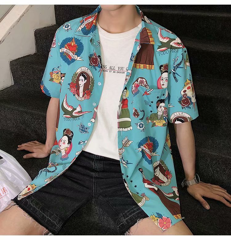 Hawaiian streetwear brand ins short-sleeved floral shirts for men's summer fashion, loose beach tops, and seaside vacation shirts are trendy Item Picture
