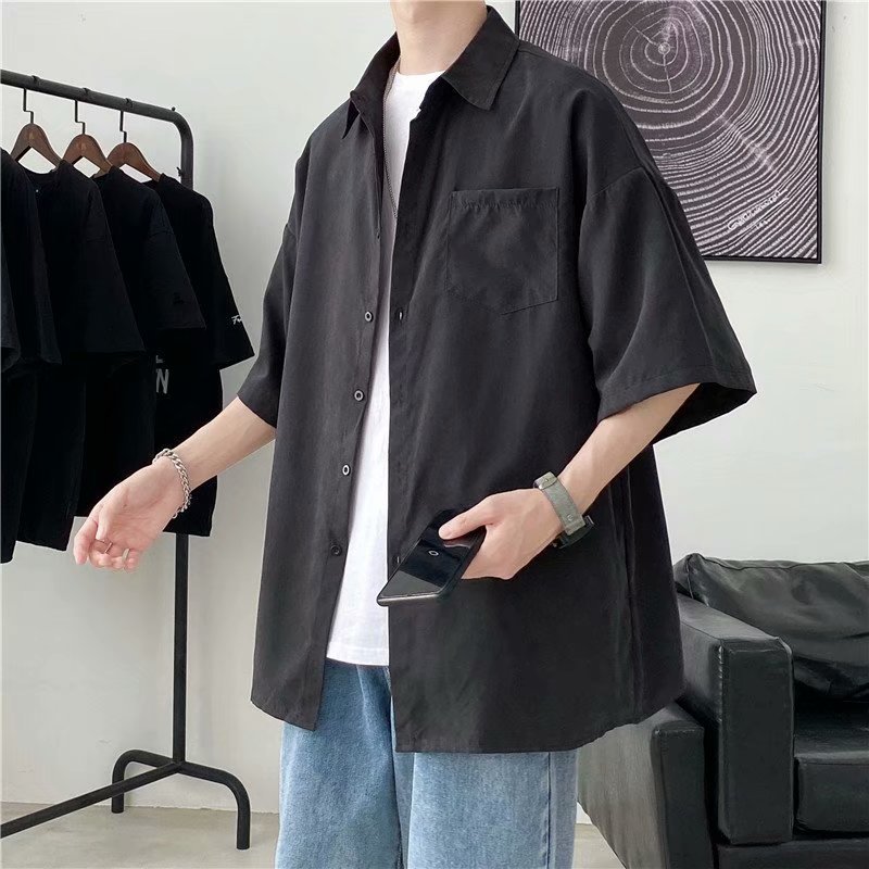 Short-sleeved shirt for men, summer Korean-style trendy shirt, Hong Kong-style Japanese laid-back style, simple and loose five-quarter sleeve shirt details Picture