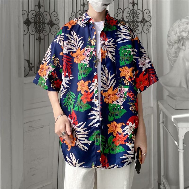 New ins sea breeze chic floral short-sleeved shirts for foreign trade, trendy couple, Hawaiian style beach floral shirts for men details Picture