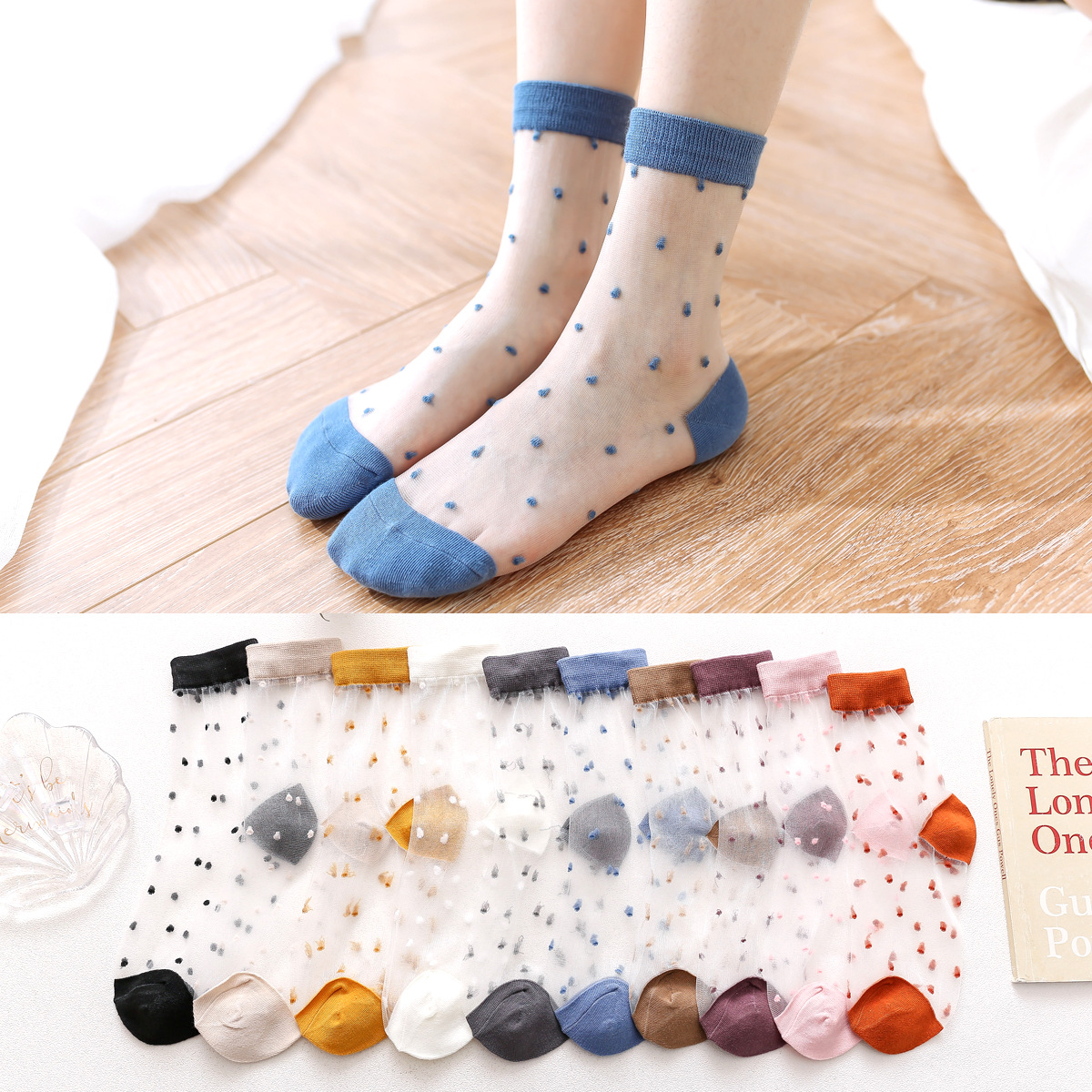 Spring and summer new women's elastic silk cotton socks mid-calf breathable and sweat-absorbent Japanese polka dot ins trendy cotton socks wholesale from the manufacturer