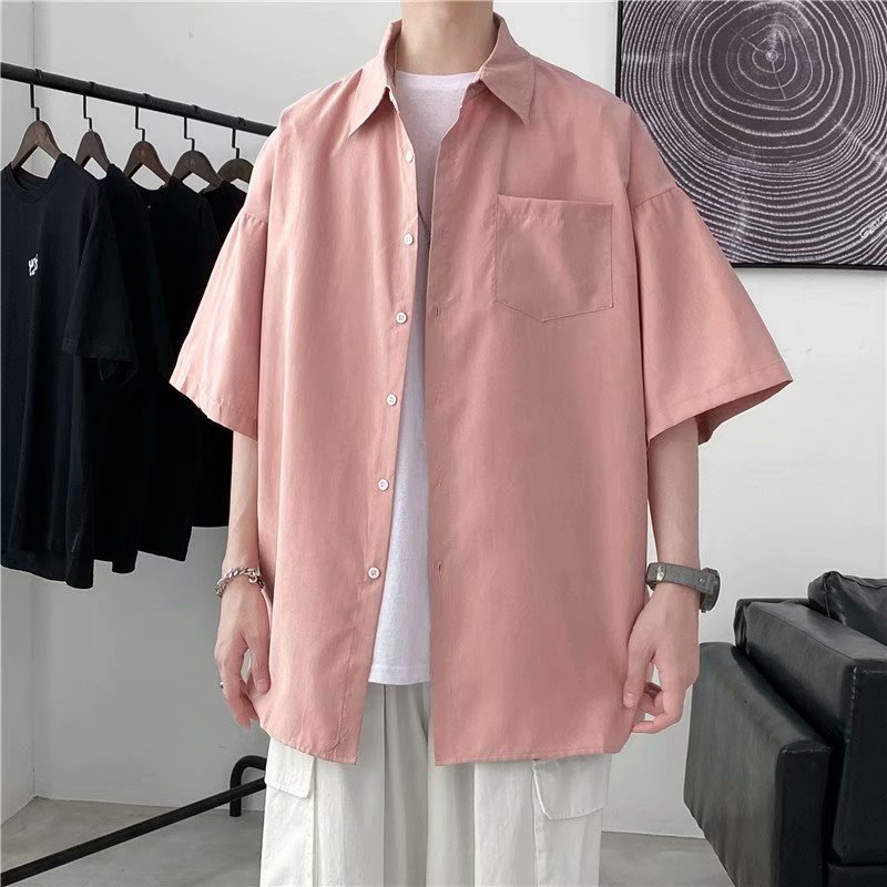 Short-sleeved shirt for men, summer Korean-style trendy shirt, Hong Kong-style Japanese laid-back style, simple and loose five-quarter sleeve shirt Application Scenario