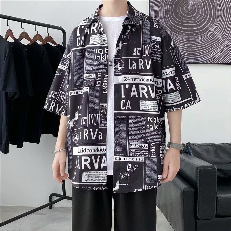 Hong Kong-style short-sleeved shirt for men on Instagram, a loose newspaper shirt with five-quarter sleeves, a summer trendy Korean-style top Application Scenario