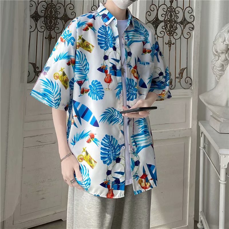 New ins sea breeze chic floral short-sleeved shirts for foreign trade, trendy couple, Hawaiian style beach floral shirts for men Application Scenario